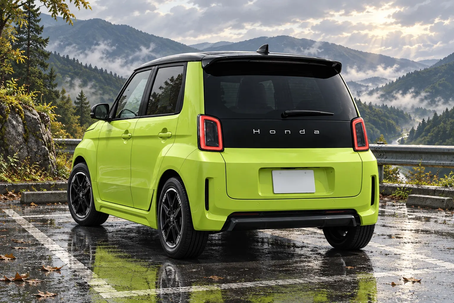 ホンダ Super-ONEの斜め後ろからの外観。張り出したリアフェンダー、後ろのエアダクト、太いタイヤ。ボディカラーはチャージイエロー＆ブラックの2トーン。雨上がりの峠道の駐車スペース