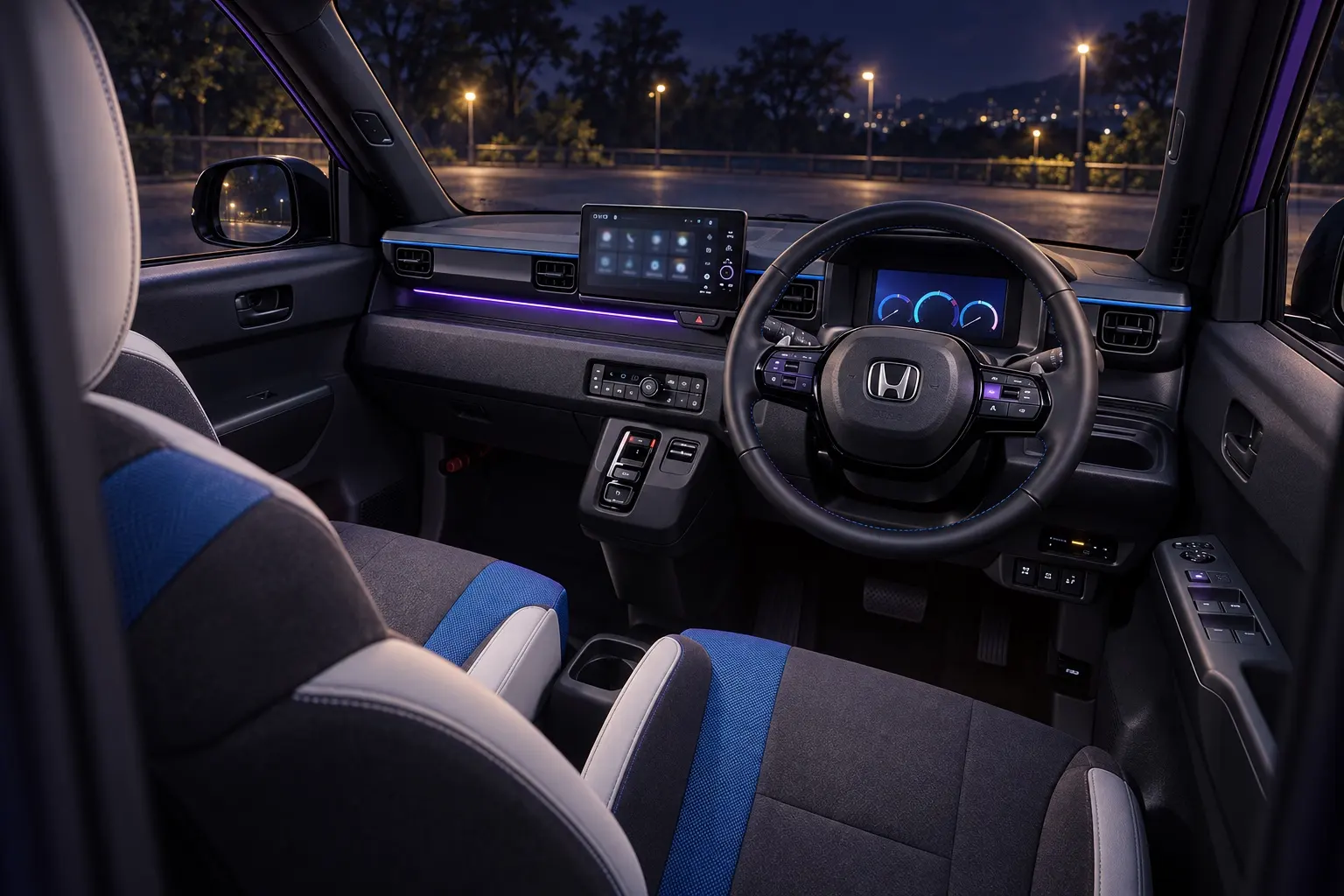 ホンダ Super-ONEの運転席まわり。疑似回転計を含む3連のメーター、ステアリングの裏のパドル、ホールドの深いスポーツシート。BOOSTモードで室内の照明が紫に光っている