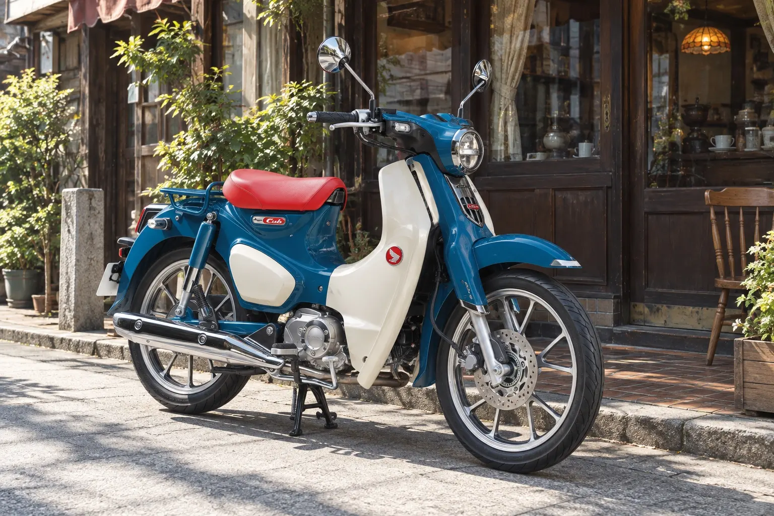 ホンダ スーパーカブ C125を斜め前から見たカット。青い車体、クリーム色の足もとのカバー、赤いシート、丸いLEDヘッドライト、銀色に光るホイール