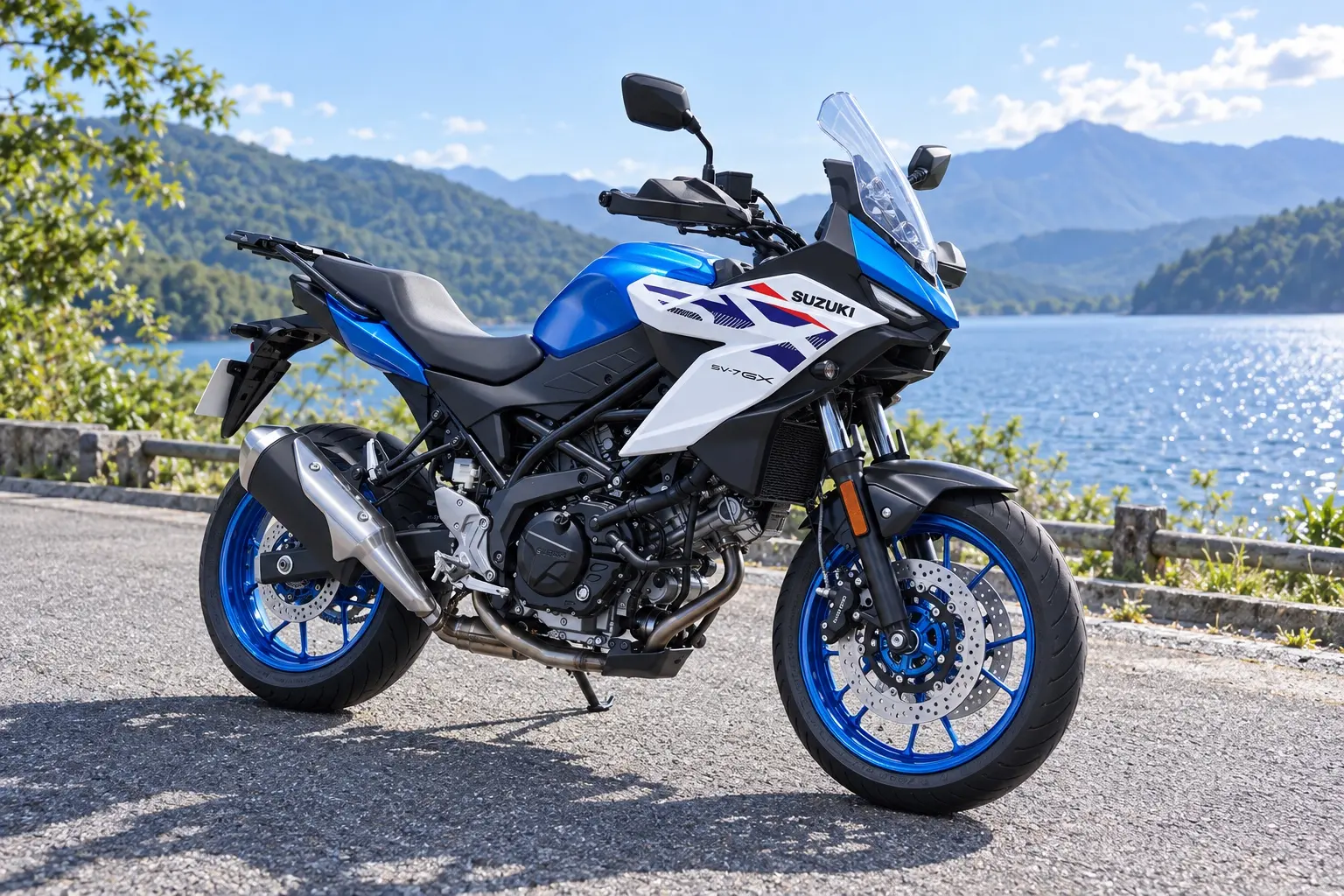 スズキ SV-7GXを斜め前から見たカット。白と青のツートーンの車体、小ぶりなスクリーン、ナックルカバー、V型2気筒エンジン、リヤキャリア