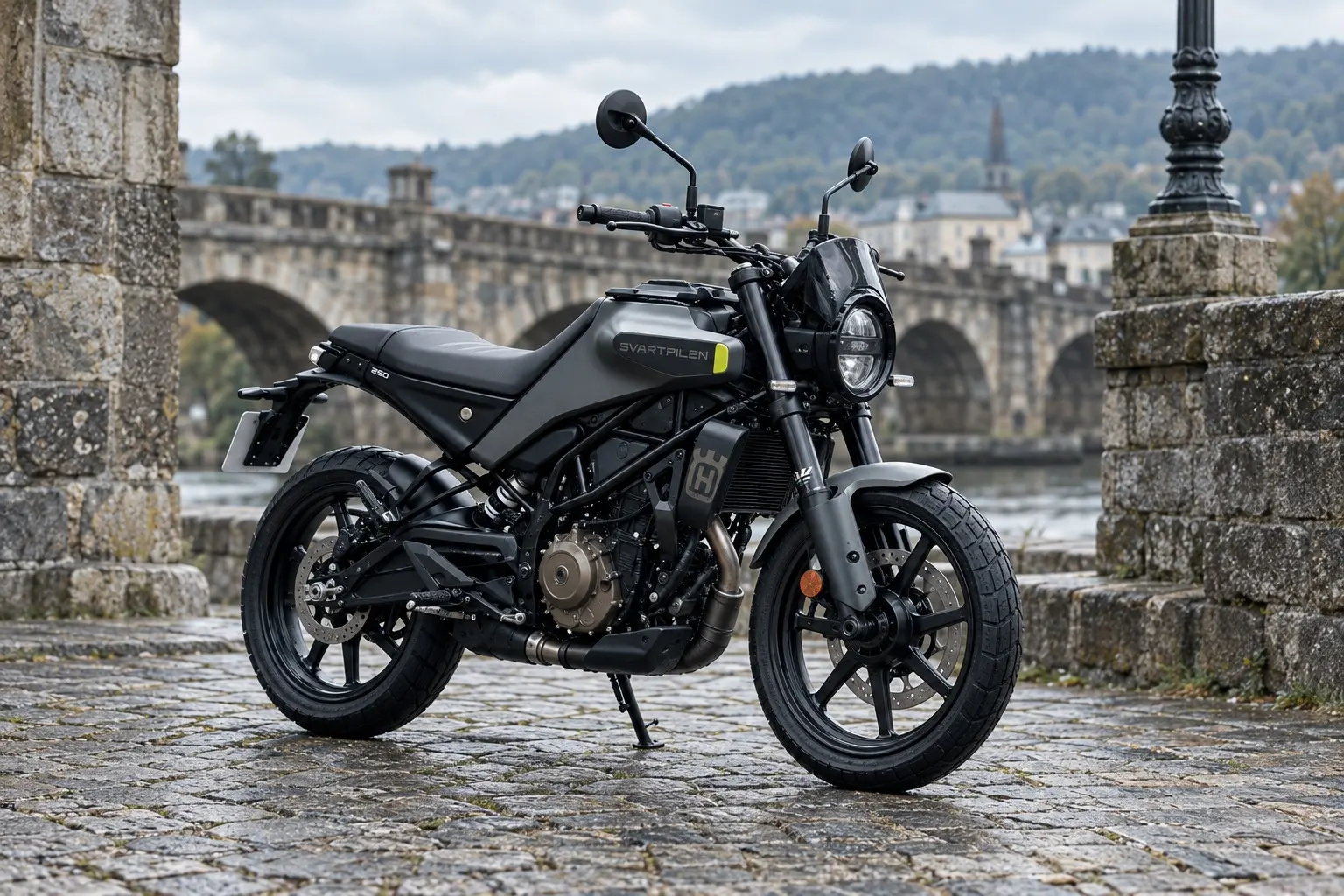 ハスクバーナ スヴァルトピレン250を斜め前から見たカット。暗い色の車体、丸いLEDヘッドライト、低く長いタンクまわり、短いテール、前後17インチのキャストホイール