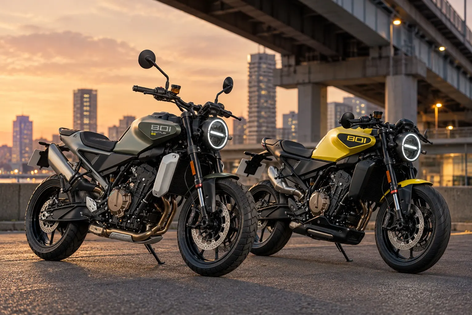 ハスクバーナのスヴァルトピレン801とヴィットピレン801を並べたカット。左はスクランブラー風の車体に高めのハンドル、右は黄色の車体に低めのハンドルとリング付きの丸いヘッドライト。どちらも前後17インチのキャストホイール
