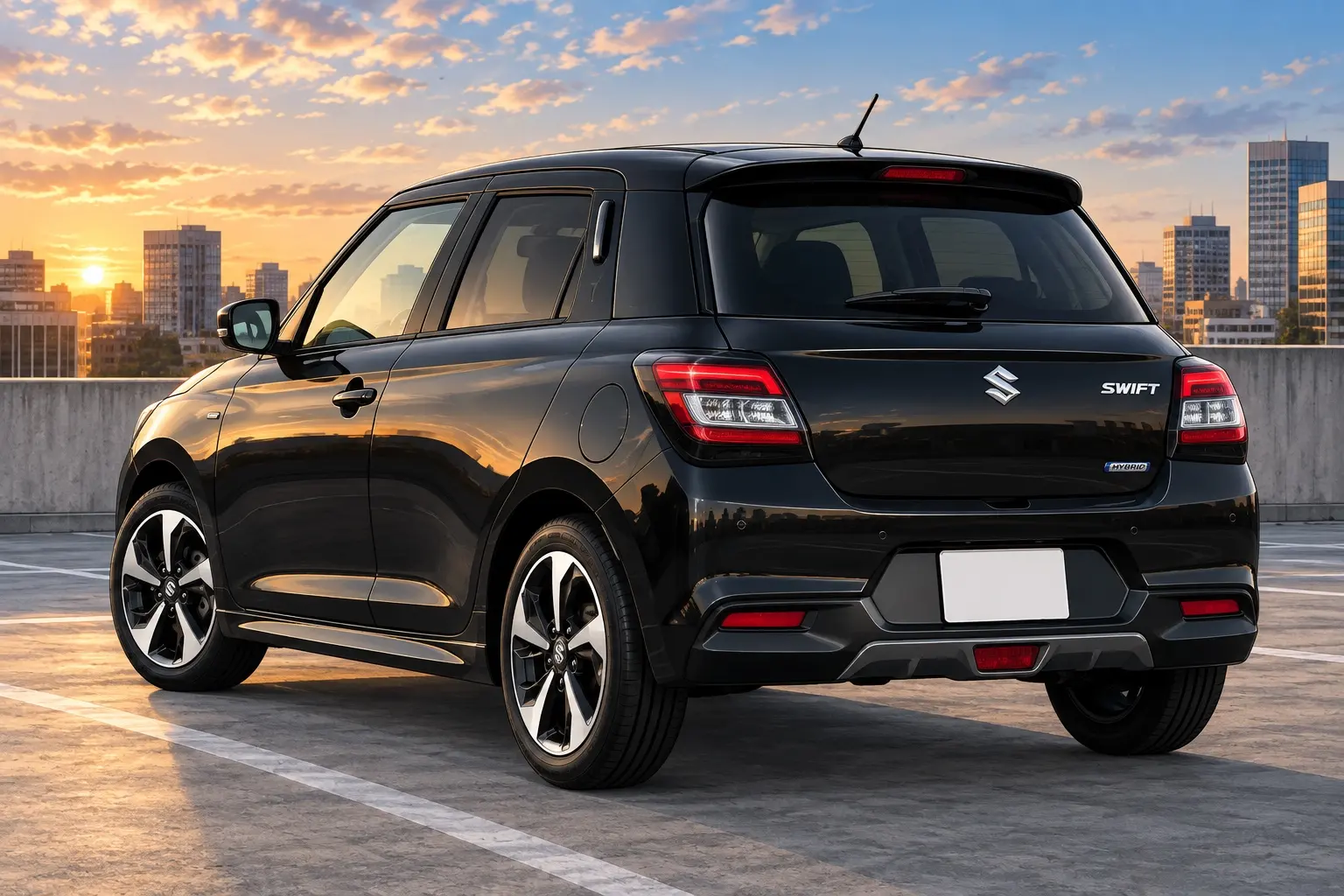 スズキ スイフト HYBRID MZ スーパーブラックパールの斜め後ろからの外観。黒く塗られた太いCピラー、リアコンビネーションランプ、16インチアルミホイールが分かるカット
