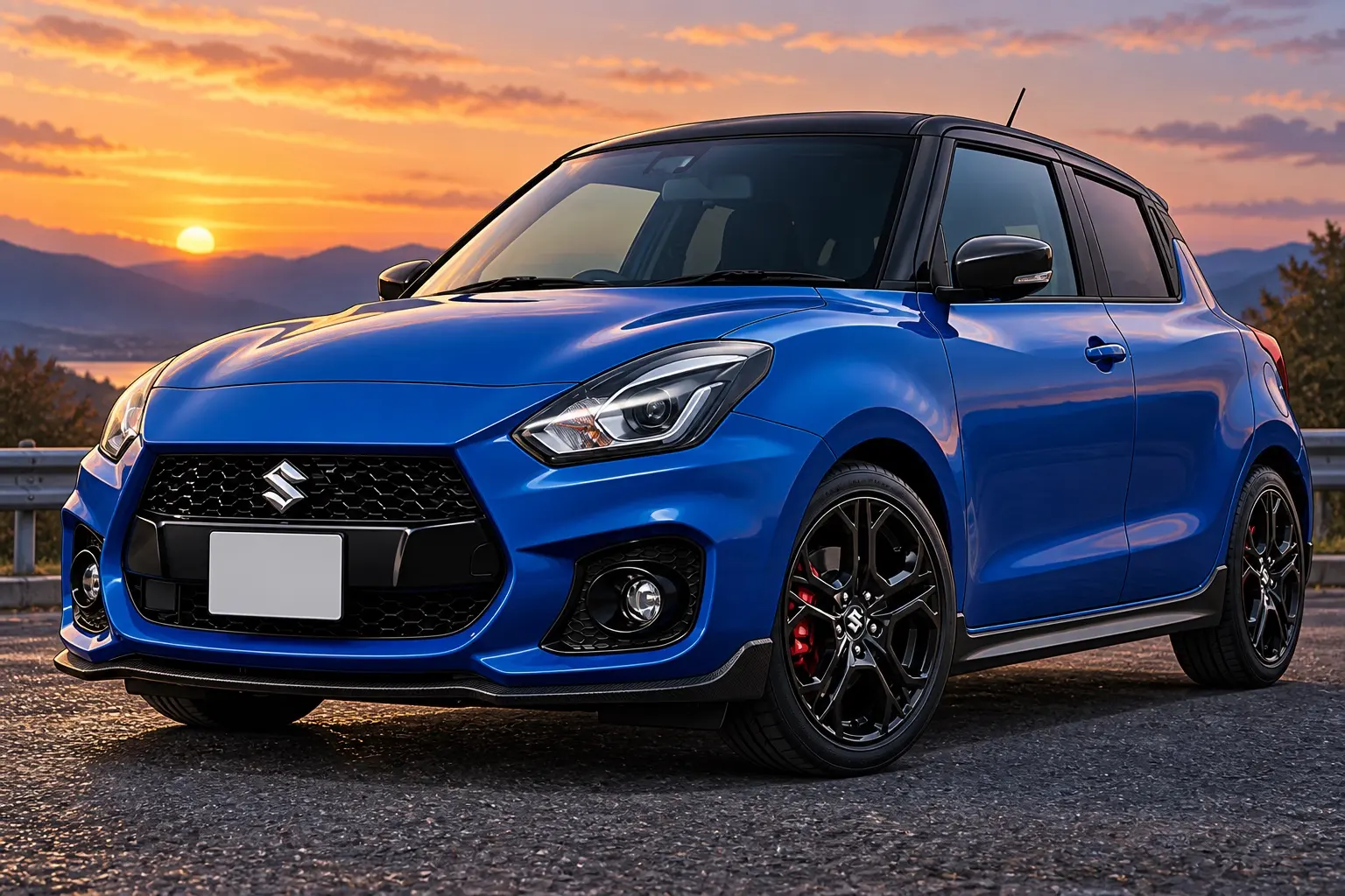 スズキ スイフトスポーツ ZC33S Final Editionの斜め前からの外観。青いボディに黒いルーフ、黒い17インチホイール、赤いブレーキキャリパーが分かるカット