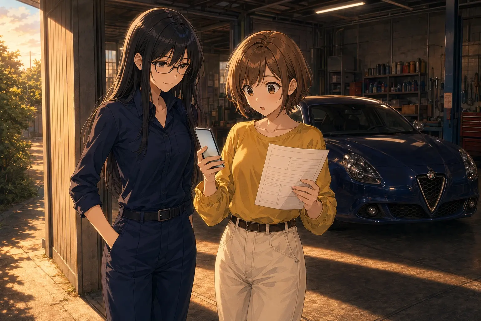 ガレージの前。夕方の光の中で、スマホを見ながら車検証と見比べているモモと、それを横で見ているレイ