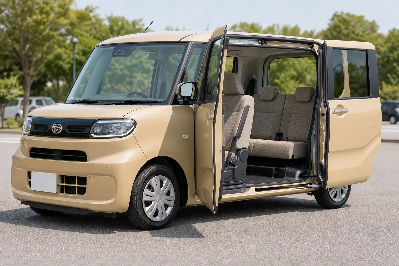4代目ダイハツ タント標準車の斜め前からの外観。左側の前後ドアを開けた状態