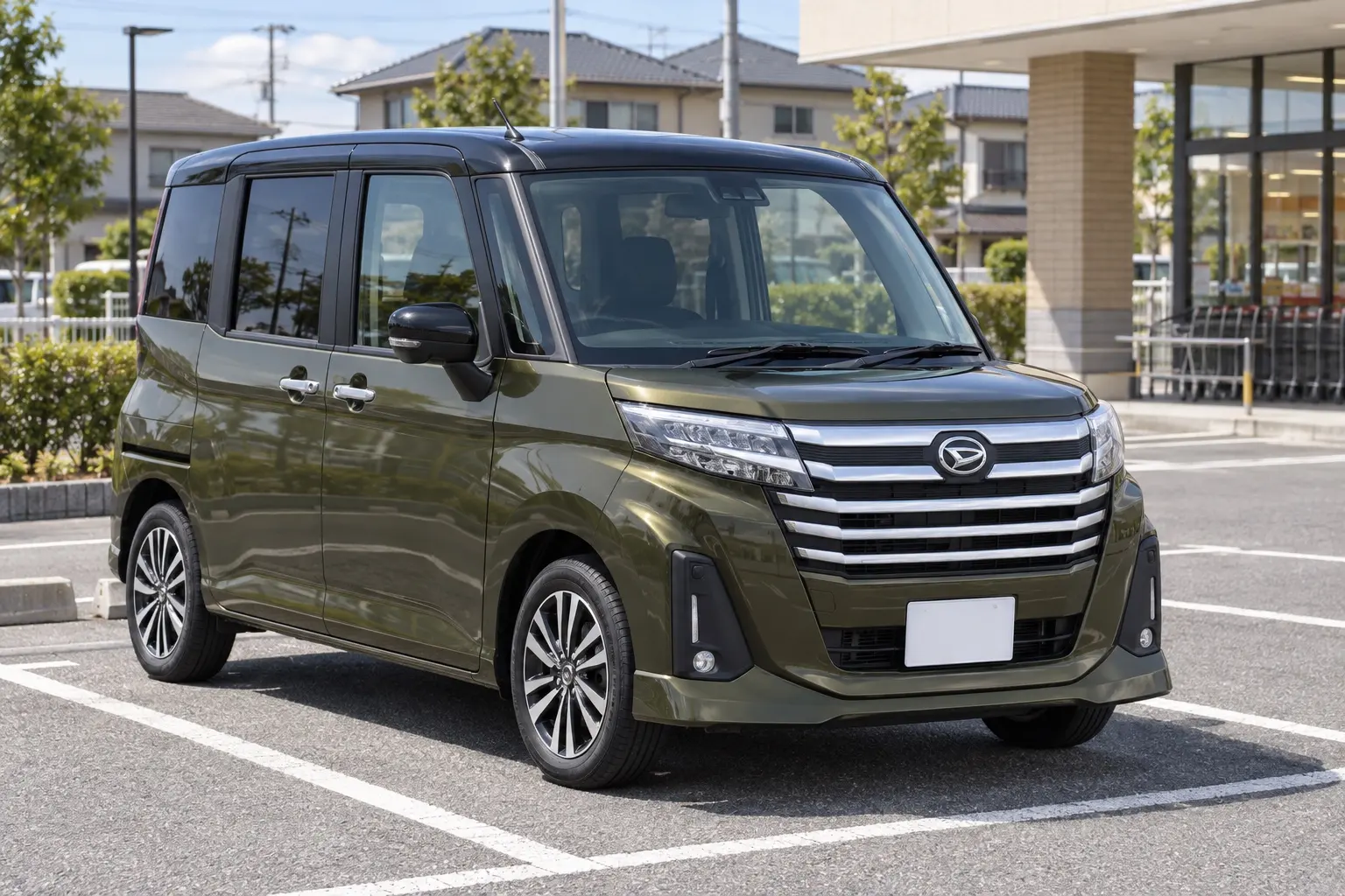 ダイハツ トール カスタムG（2026年改良後）の斜め前からの外観。ボディカラーはブラックマイカメタリック×グレイッシュオリーブメタリックの2トーン。住宅街のスーパーの駐車場に停まっている