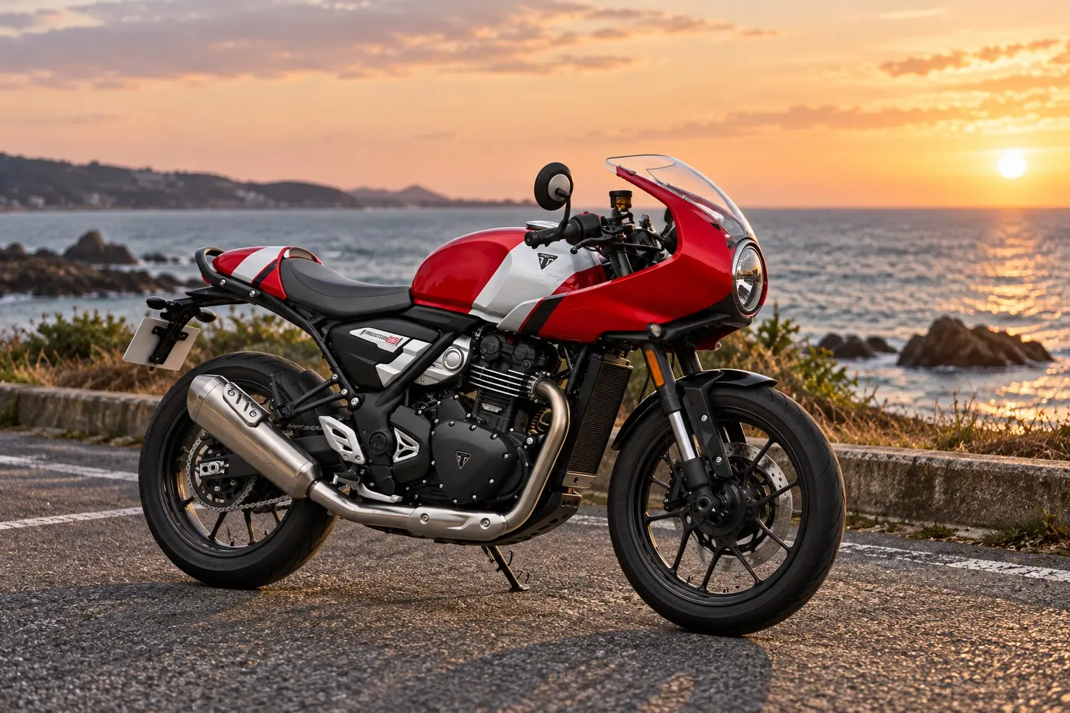 トライアンフ スラクストン400を斜め前から見たカット。丸いヘッドライトを囲むハーフカウル、低いセパレートハンドル、シートの後ろのシートカウル、前後17インチのキャストホイール