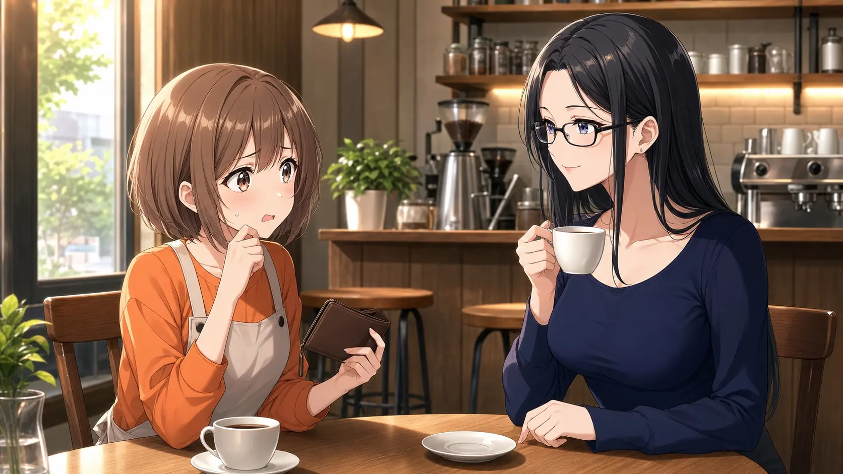 喫茶店のテーブルで、財布を手にタイヤ代に驚くモモと、コーヒーを飲みながら聞くレイ