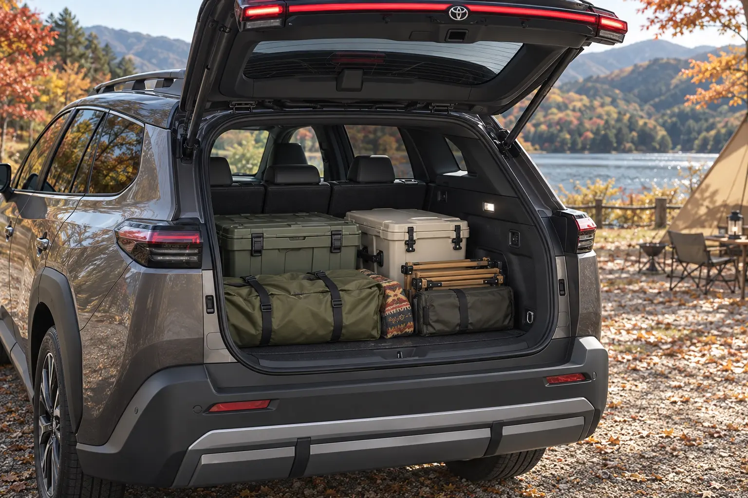 トヨタ bZ4X Touringの荷室。バックドアを開け、キャンプ用のコンテナボックス、クーラーボックス、たたんだテントを積んだ状態のカット。秋の湖畔のキャンプ場、午後の光