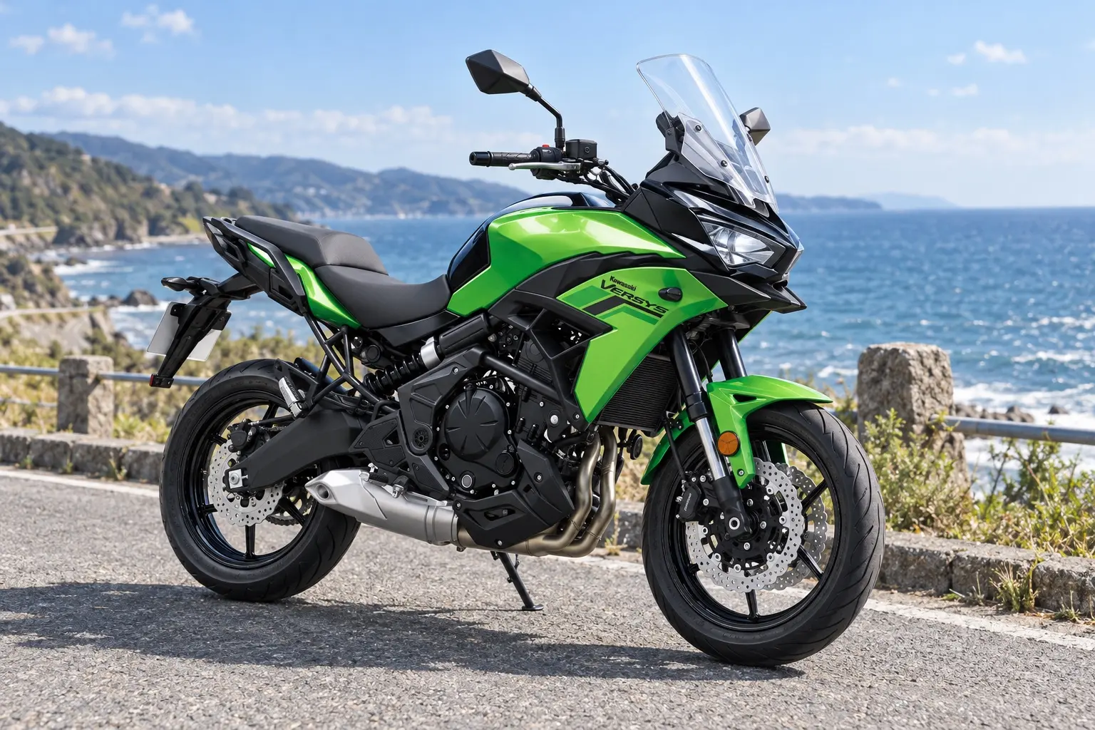 カワサキ VERSYS 650を斜め前から見たカット。ライムグリーンと黒の車体、背の高いスクリーン、鋭いLEDヘッドライト、幅の広いハンドル、前後17インチのホイール