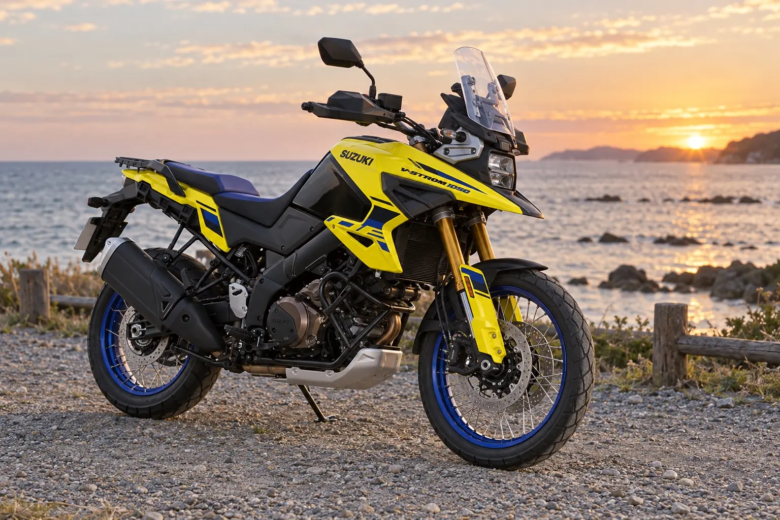 スズキ Vストローム1050DEを斜め前から見たカット。黄色と黒の車体、くちばしのようなフロントまわり、短めのスクリーン、前21インチのスポークホイール、V型2気筒エンジン