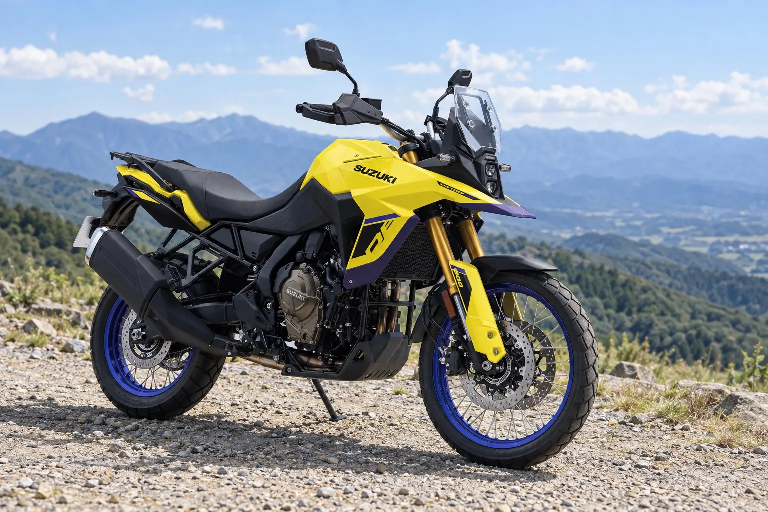 スズキ Vストローム800DEを斜め前から見たカット。チャンピオンイエローの車体、ヘッドライト下のくちばしのような突き出し、前21インチのスポークホイール、エンジン下のアンダーカバー