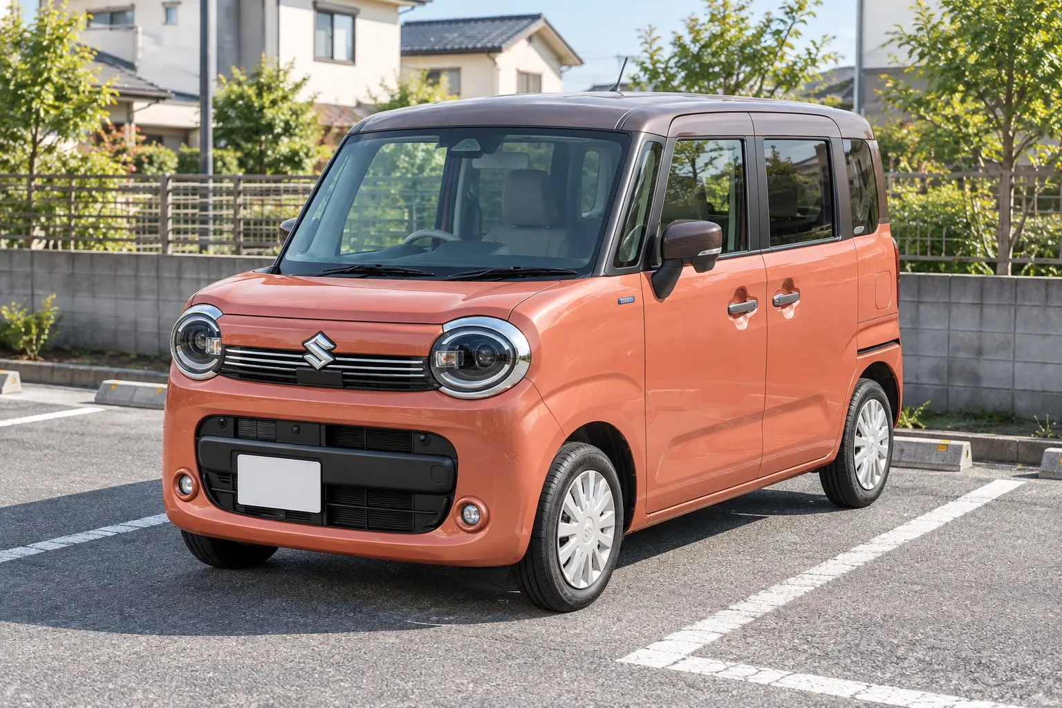 スズキ ワゴンR スマイル HYBRID Xの斜め前からの外観。丸みのあるLEDヘッドライト、四角いボディ、後席のスライドドアのレール。ボディカラーはコーラルオレンジ＋アーバンブラウンルーフの2トーン。住宅街の月極駐車場に停まっている