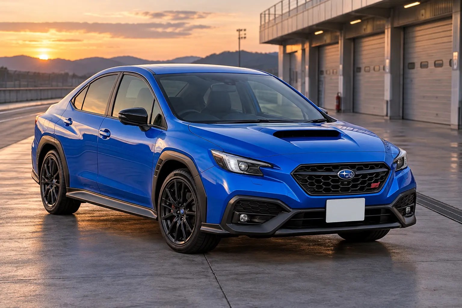 SUBARU WRX S4 STI Sport R EXの斜め前からの外観。張り出したフェンダー、低いセダンのシルエット、18インチアルミ。ボディカラーはWRブルー・パール。夕方のサーキットのパドックに停まっている