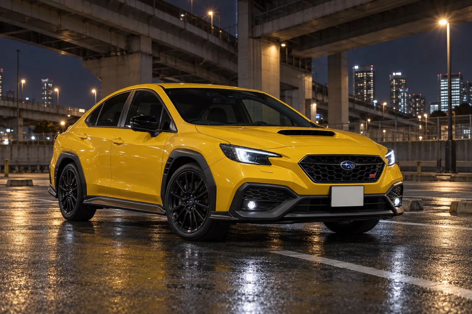SUBARU WRX S4 STI Sport R-Black Limited IIの斜め前からの外観。ボディカラーはサンライズイエロー、黒の外装の飾り。夜の都市の高架下の駐車場
