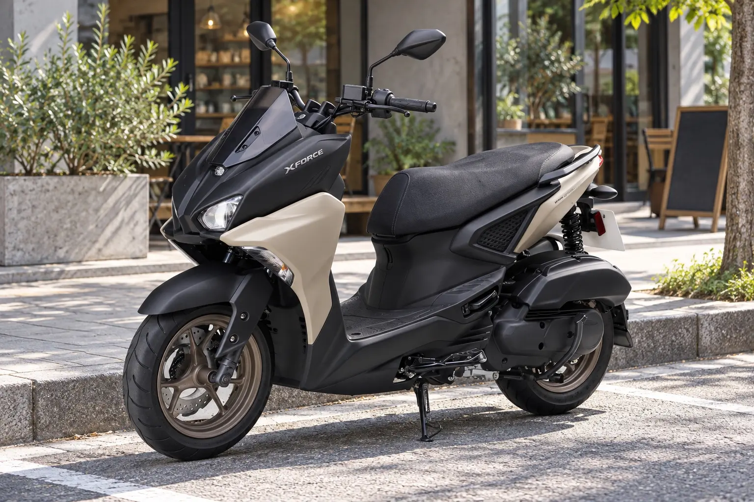 ヤマハ X FORCEを斜め前から見たカット。マットのベージュの車体、切れ長のヘッドライト、平らな足元、高めのシート、前後13インチのアルミホイール