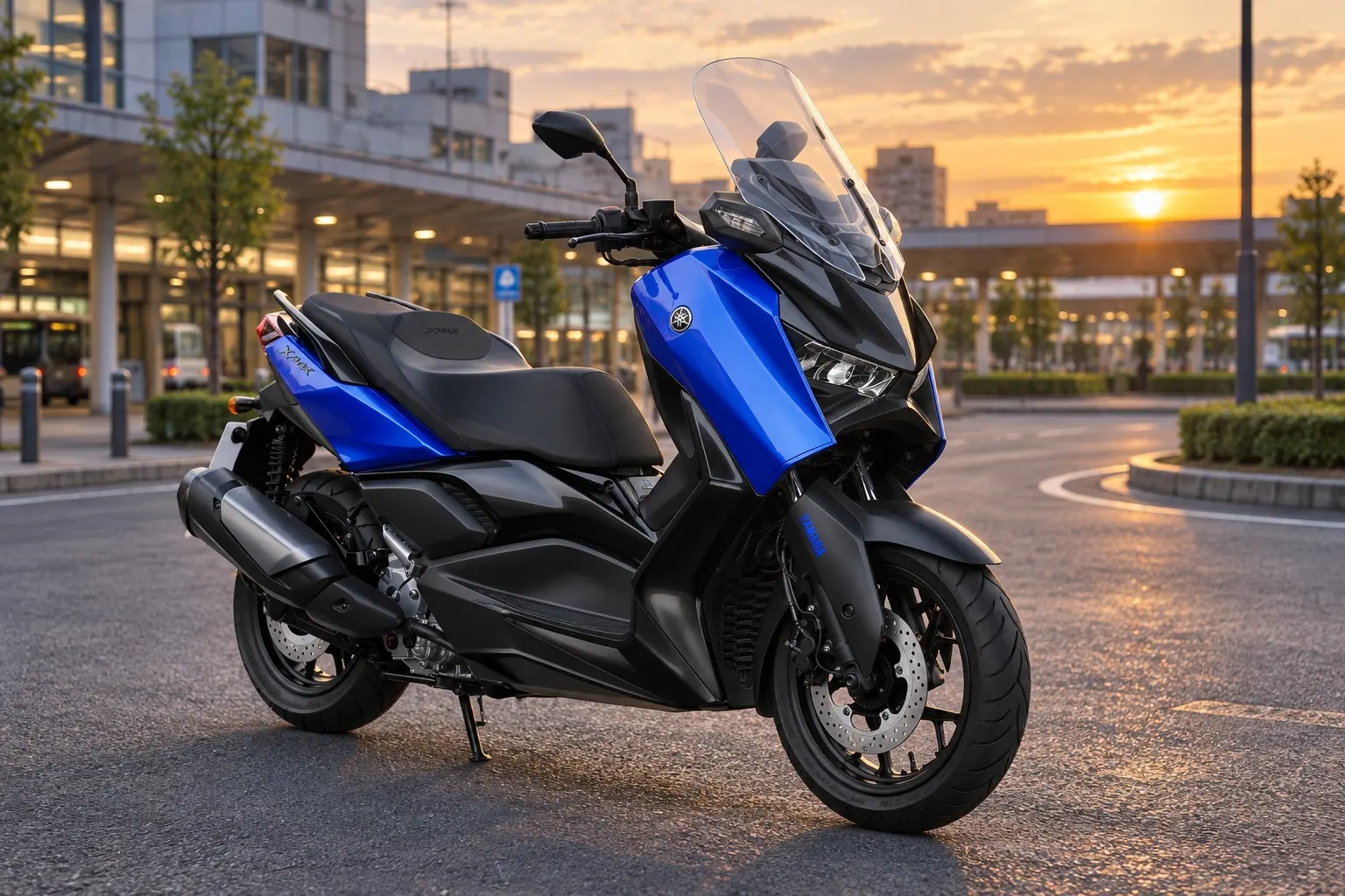 ヤマハ XMAXを斜め前から見たカット。青と黒の車体、鋭いヘッドライト、大きなスクリーン、広い足もと