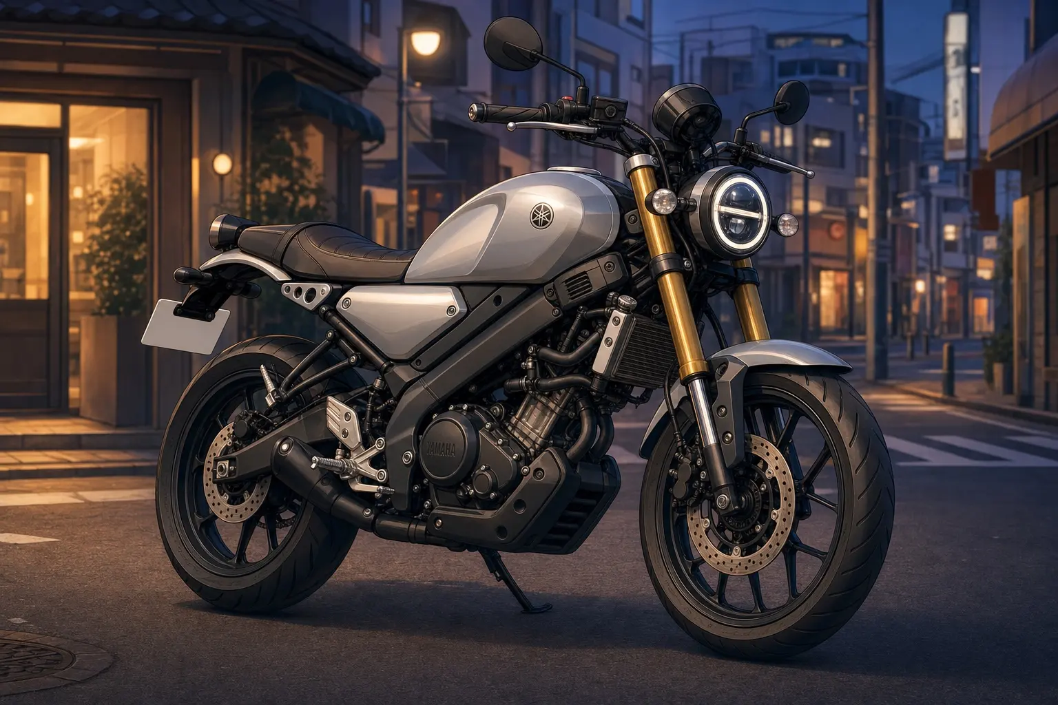 ヤマハ XSR125の実車。丸型ヘッドライトとティアドロップ型タンクを備えたネオレトロのロードスターを斜め前から見たカット