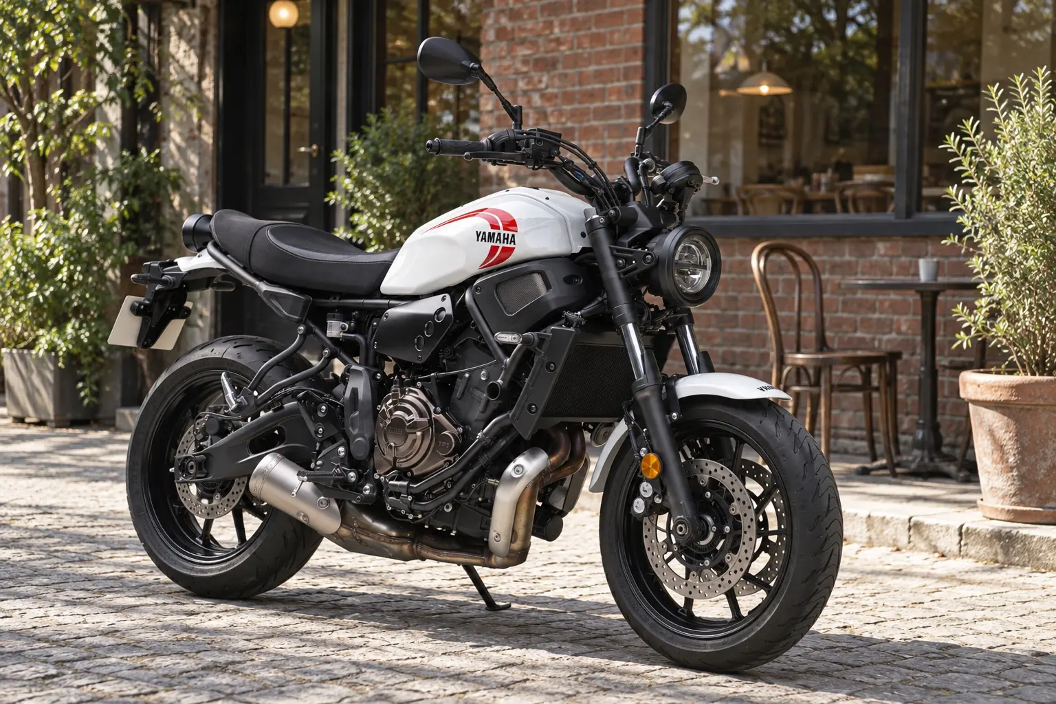 ヤマハ XSR700を斜め前から見たカット。白に赤いラインのタンク、丸いヘッドライト、黒いエンジンとフレーム、平らなシート