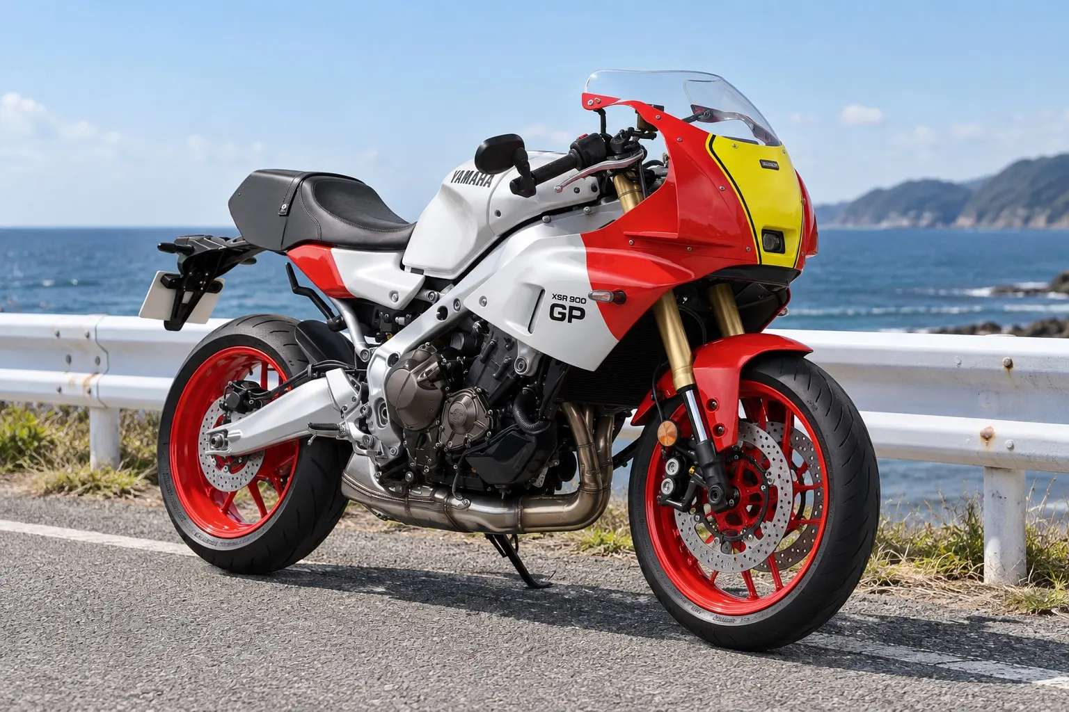 ヤマハ XSR900 GPを斜め前から見たカット。白と赤のカウル、スクリーン、セパレートハンドル、直列3気筒エンジン、赤いホイール