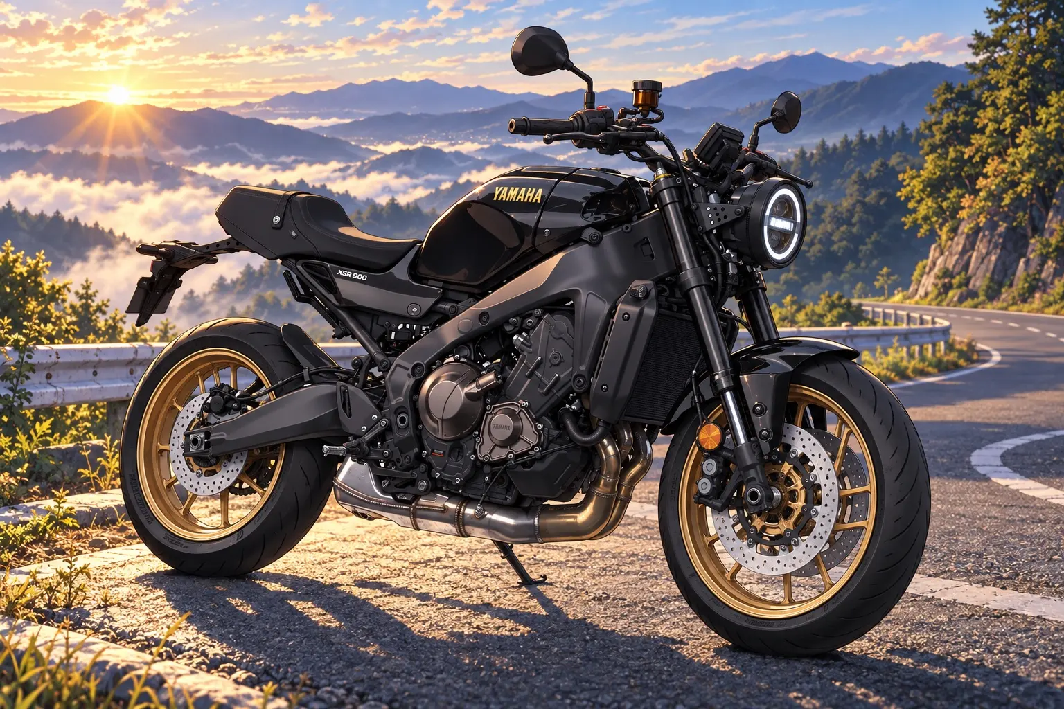 ヤマハ XSR900を斜め前から見たカット。ブラックメタリックXの車体、丸型LEDヘッドライト、倒立フォーク