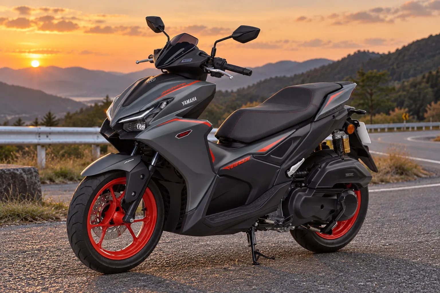 ヤマハ AEROX 155を斜め前から見たカット。マットのグリーンがかったグレーの車体、赤いホイール、鋭い2眼のLEDヘッドライト、センタートンネル