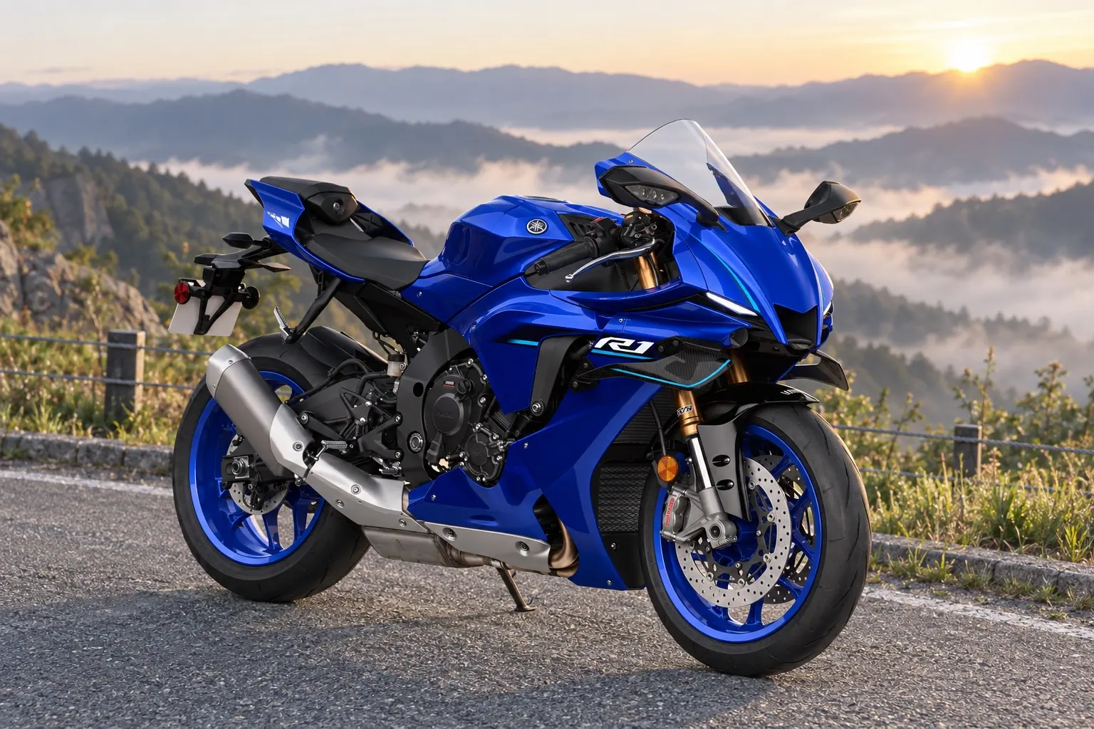 ヤマハ YZF-R1を斜め前から見たカット。濃い青のフルカウル、細い目つきのLEDライト、カウル横のカーボンのウイングレット、セパレートハンドル、マグネシウムのホイール