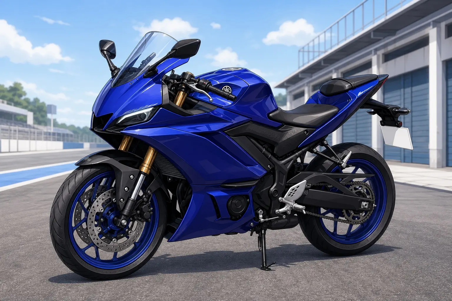 ヤマハ YZF-R25の実車。鋭いフルカウルとY字型のLEDヘッドライトを備えたスーパースポーツを斜め前から見たカット
