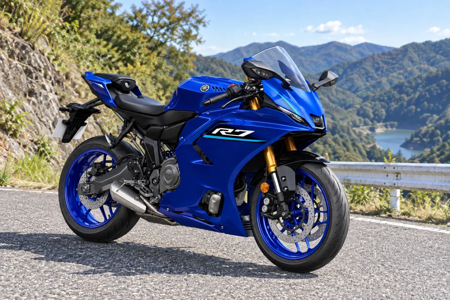 ヤマハ YZF-R7を斜め前から見たカット。青いフルカウル、中央の大きな吸気口と細い目のようなライト、セパレートハンドル、直列2気筒エンジン