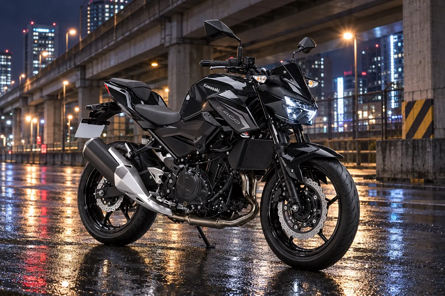 カワサキ Z400を斜め前から見たカット。黒とグレーの車体、鋭いLEDヘッドライト、短いテール、バーハンドル、並列2気筒エンジン