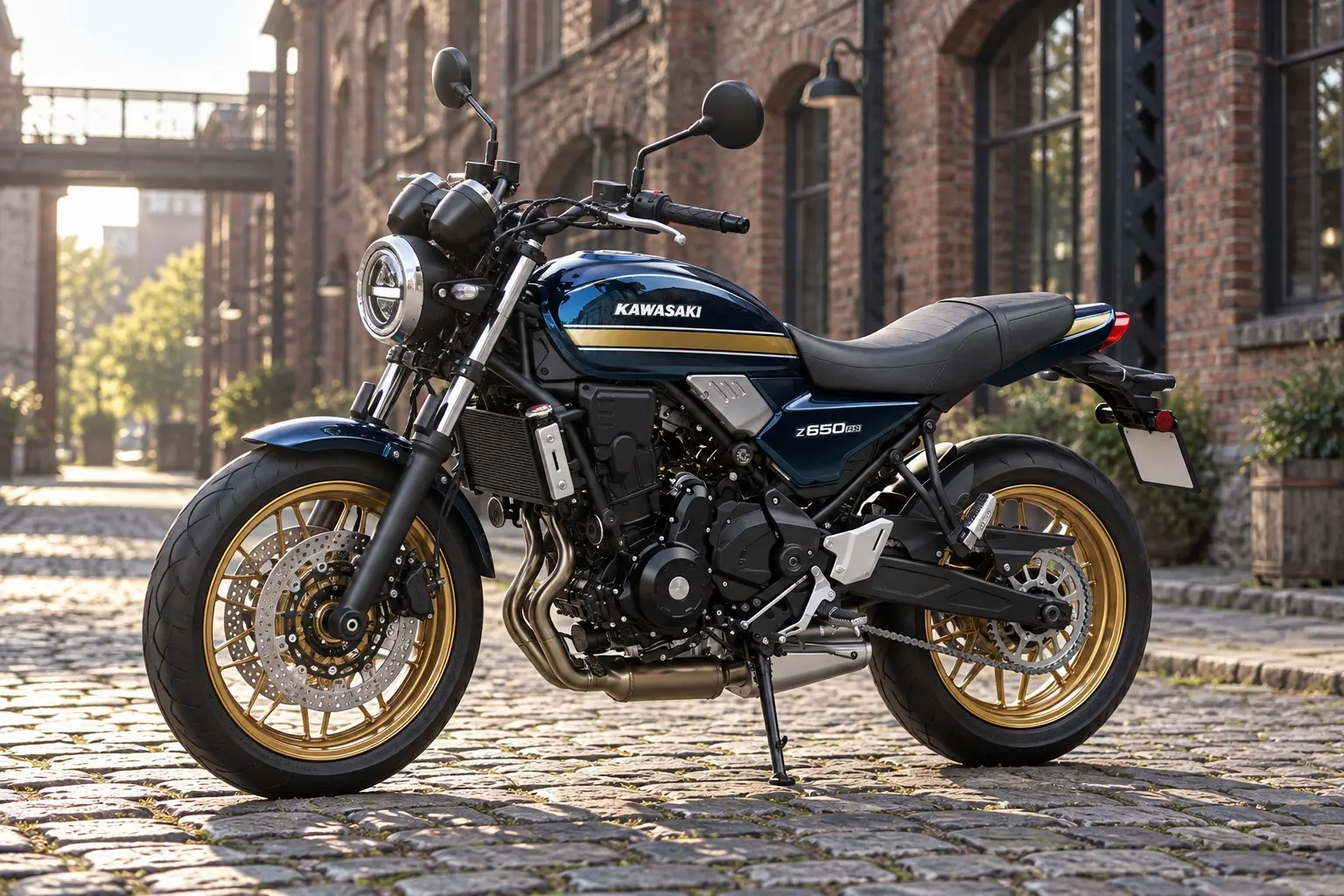 カワサキ Z650RSを斜め前から見たカット。メタリックオーシャンブルーのタンクに金色のライン、丸型LEDヘッドライト、砲弾型の2眼メーター、金色のキャストホイール