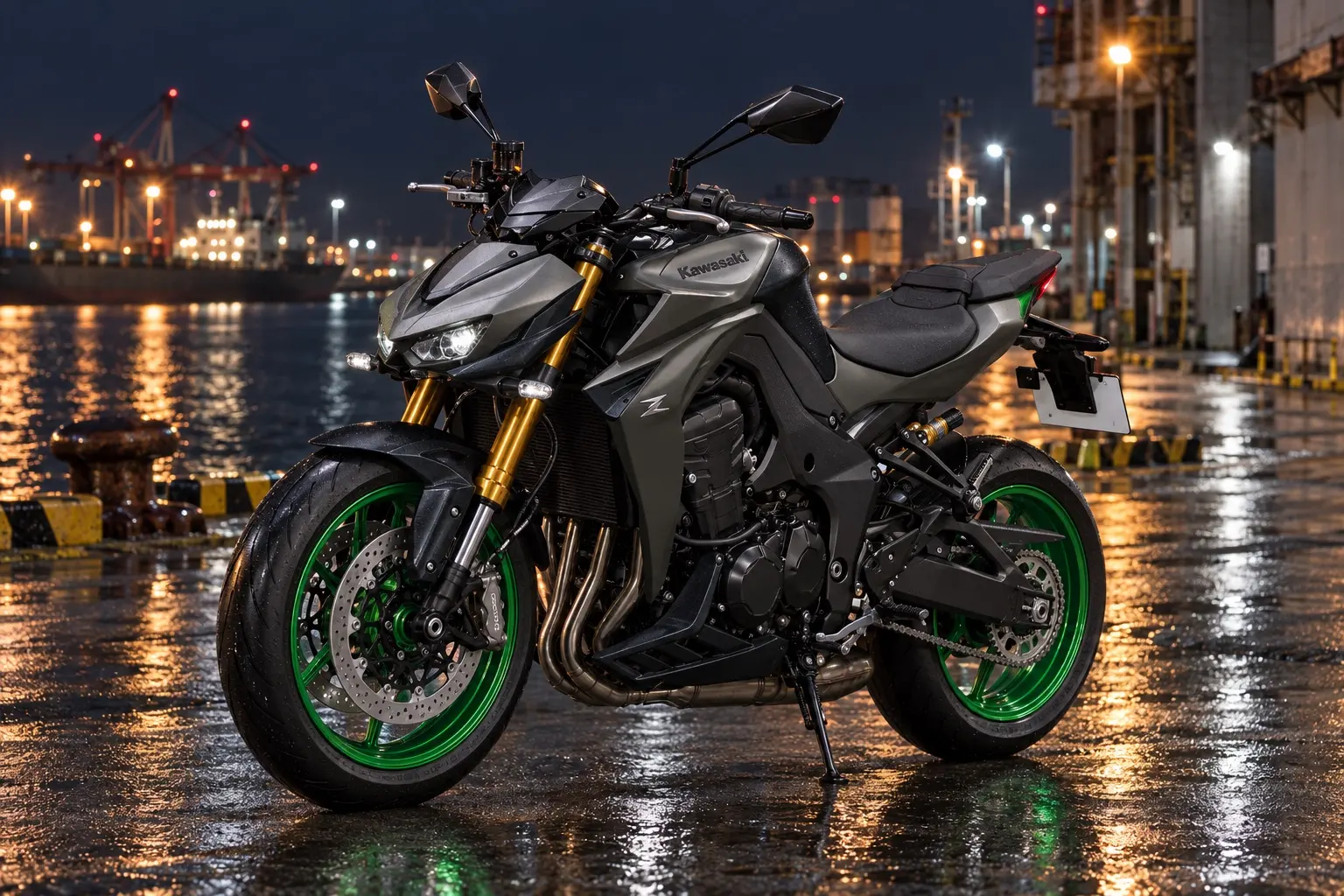 カワサキ Z1100 SEを斜め前から見たカット。メタリックマットグラフェンスチールグレーとカーボングレーの車体、鋭いLEDヘッドライト、金色の倒立フォーク、並列4気筒エンジン
