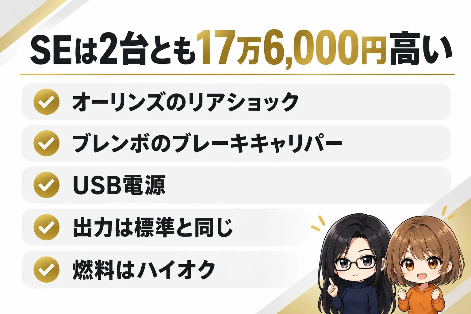 カワサキ Z900とZ1100のSEで増える装備の図解。上に「SEは2台とも17万6,000円高い」。オーリンズのリアショック、ブレンボのブレーキキャリパー、USB電源、出力は標準と同じ、燃料はハイオク。端に小さなキャラクター