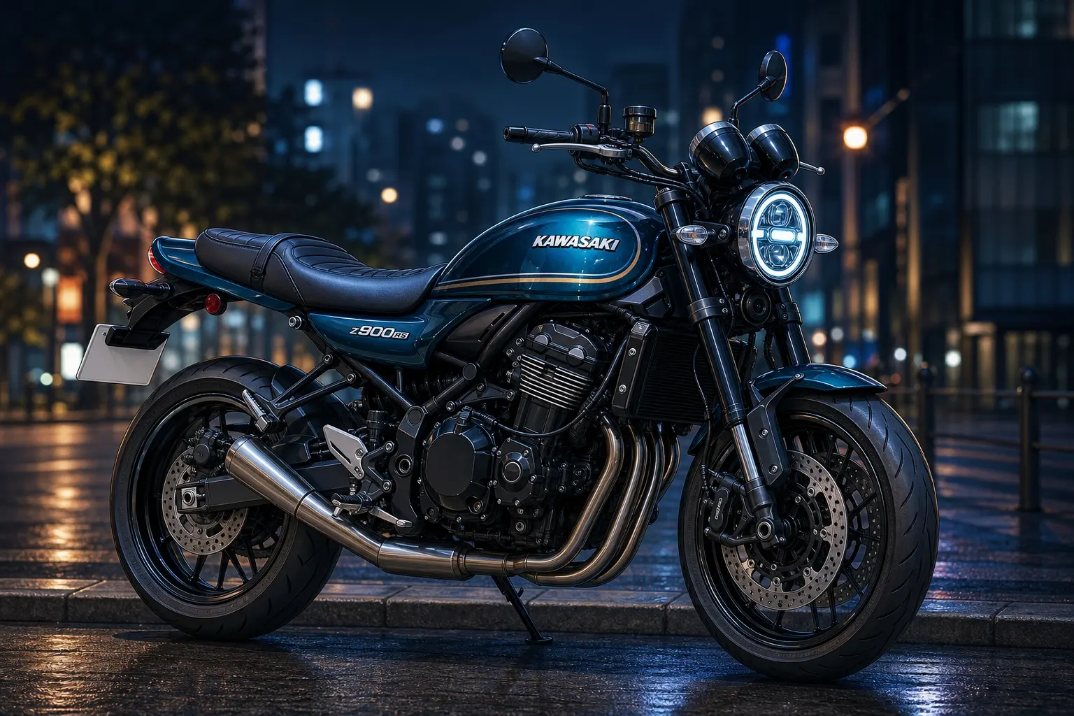 カワサキ Z900RSの実車。丸型ヘッドライトと二眼メーター、ティアドロップ型タンクを備えたレトロスポーツを斜め前から見たカット