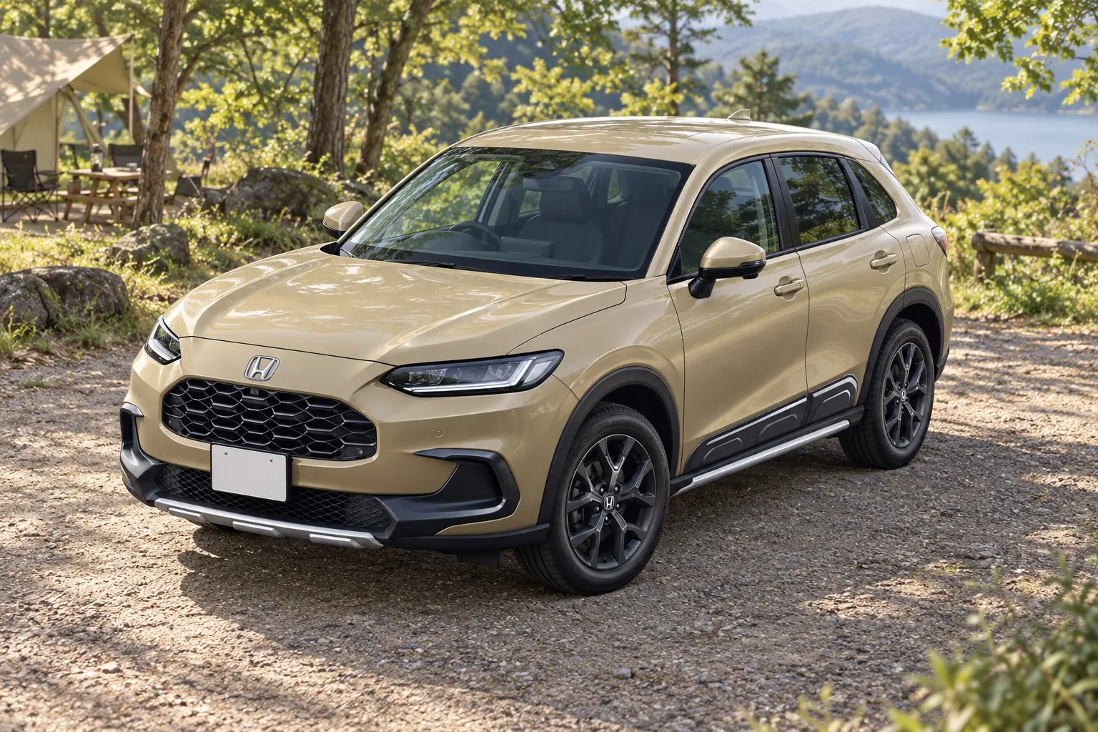 ホンダ ZR-V e:HEV Z CROSS TOURINGの斜め前からの外観。マットグレーのハニカムグリル、専用バンパー、マットブラックの18インチホイール。ボディカラーはデザートベージュ・パール。未舗装の駐車場に停まっている