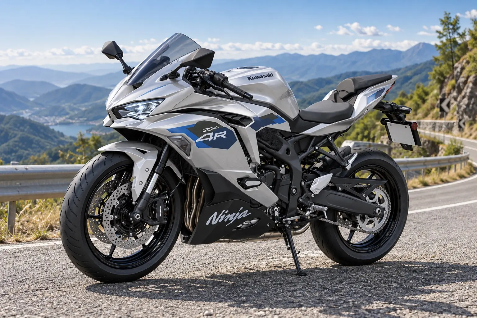 カワサキ Ninja ZX-4R SEを斜め前から見たカット。ギャラクシーシルバーのフルカウル、デュアルLEDヘッドライト、倒立フォーク