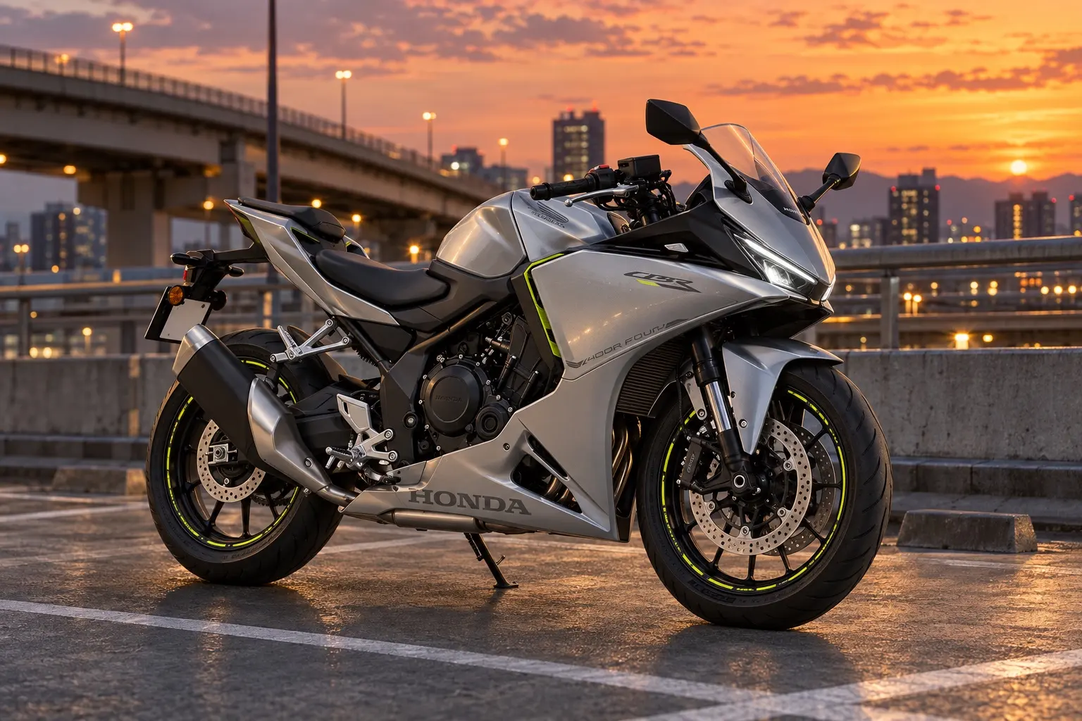 ホンダ CBR400R FOUR E-Clutchを斜め前から見たカット。ベータシルバーメタリックのフルカウル、LEDヘッドライト、直列4気筒エンジン